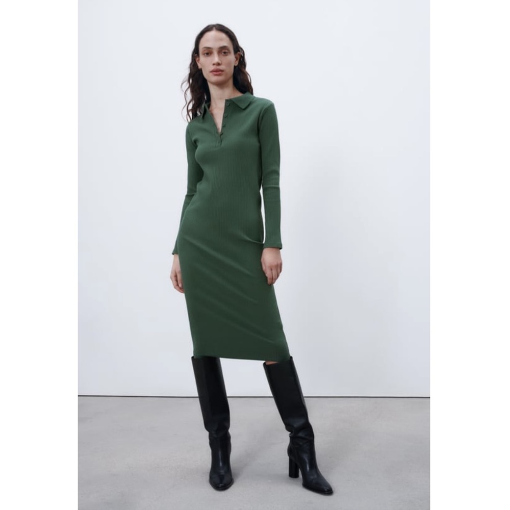 Zara green long sleeve midi dress
